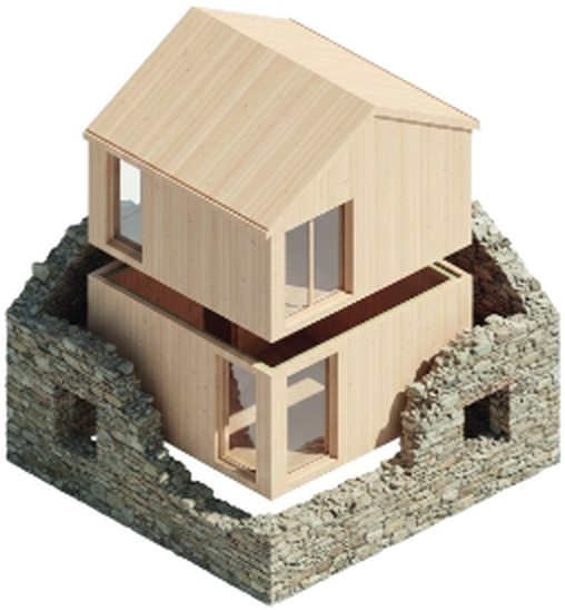 Sistema box-in-the-box: un volume in legno inserito dentro il rudere in pietra